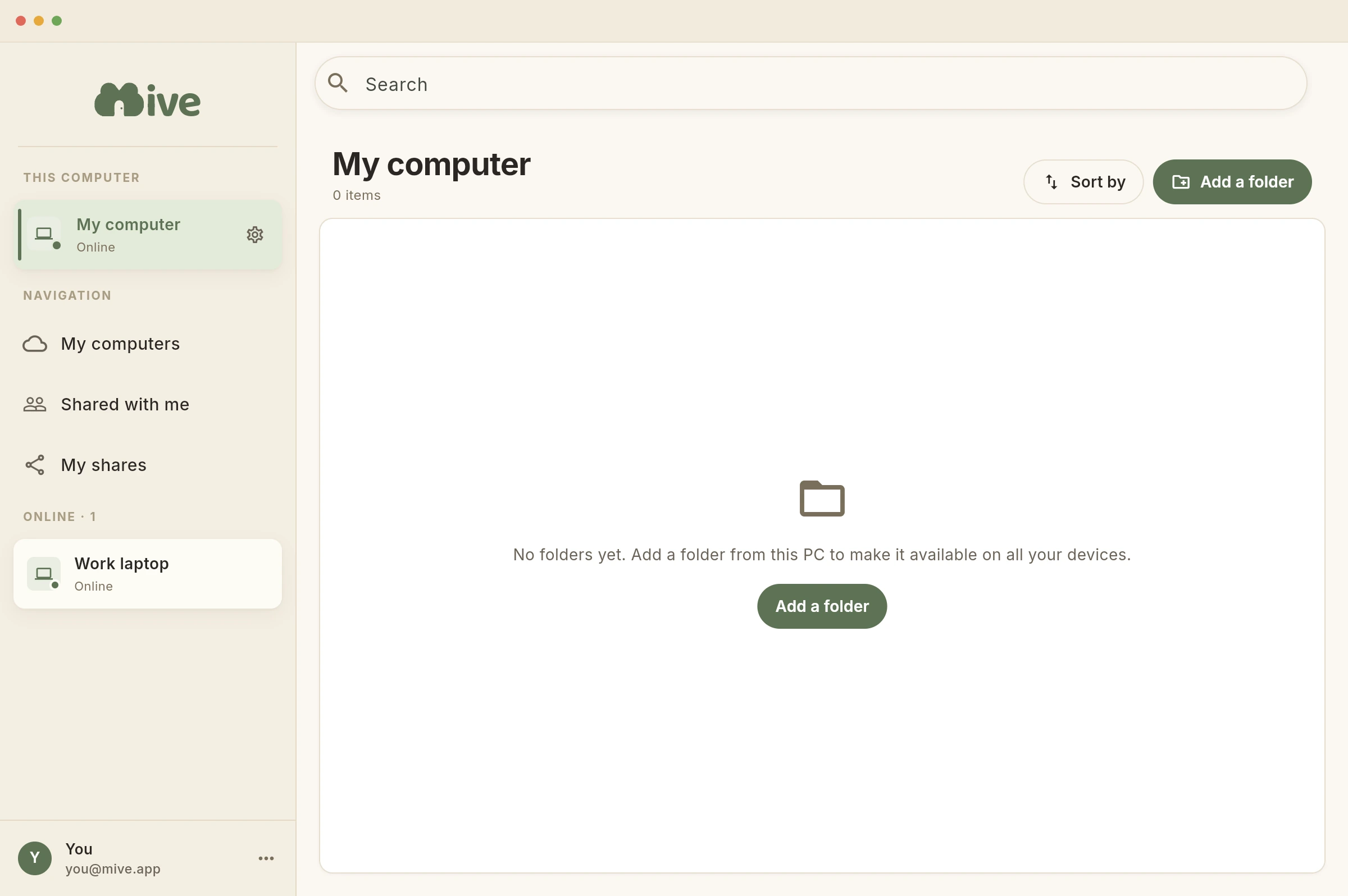 The Mive app on My computer with no folders yet: an Add a folder button and a prompt to add a folder from this PC to make it available on all your devices.