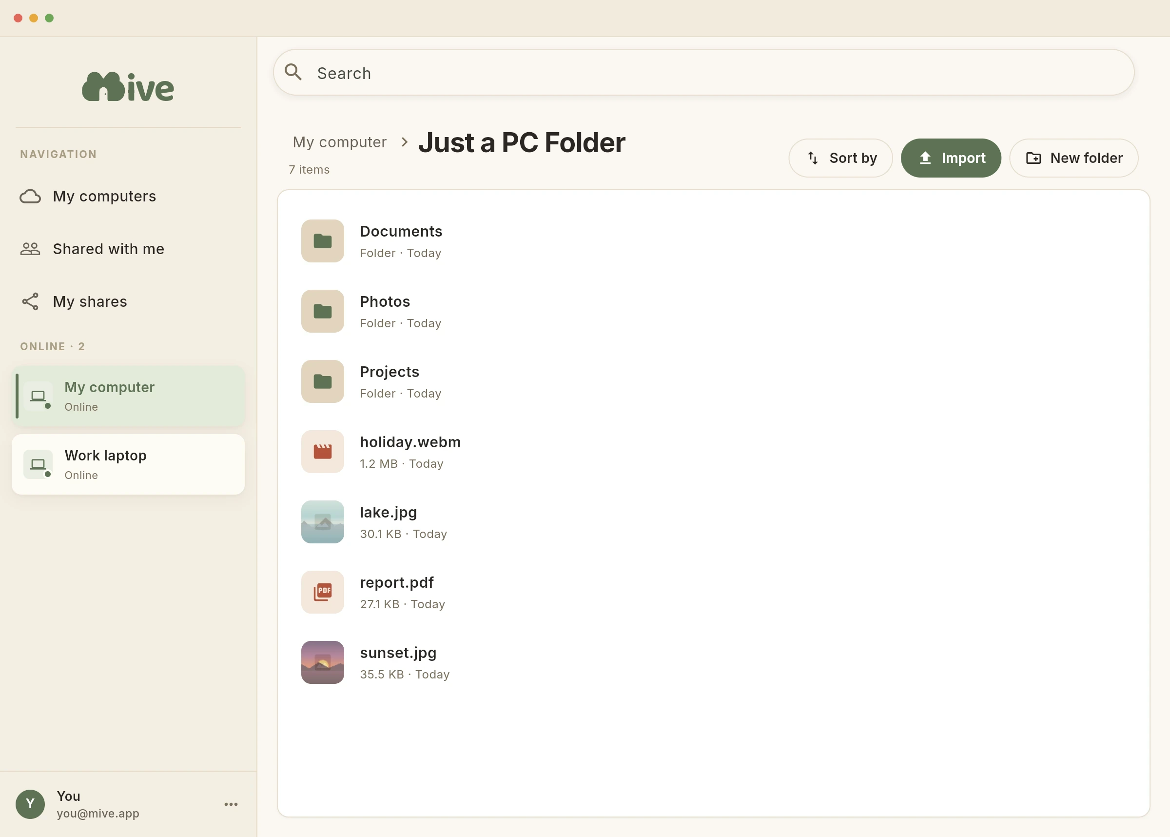 The Mive app showing the very same files as the Windows folder — same names, same order.
