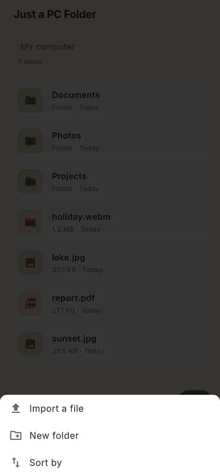 The Mive phone app inside “Just a PC Folder” with the add menu open: Import a file, New folder, Sort by.