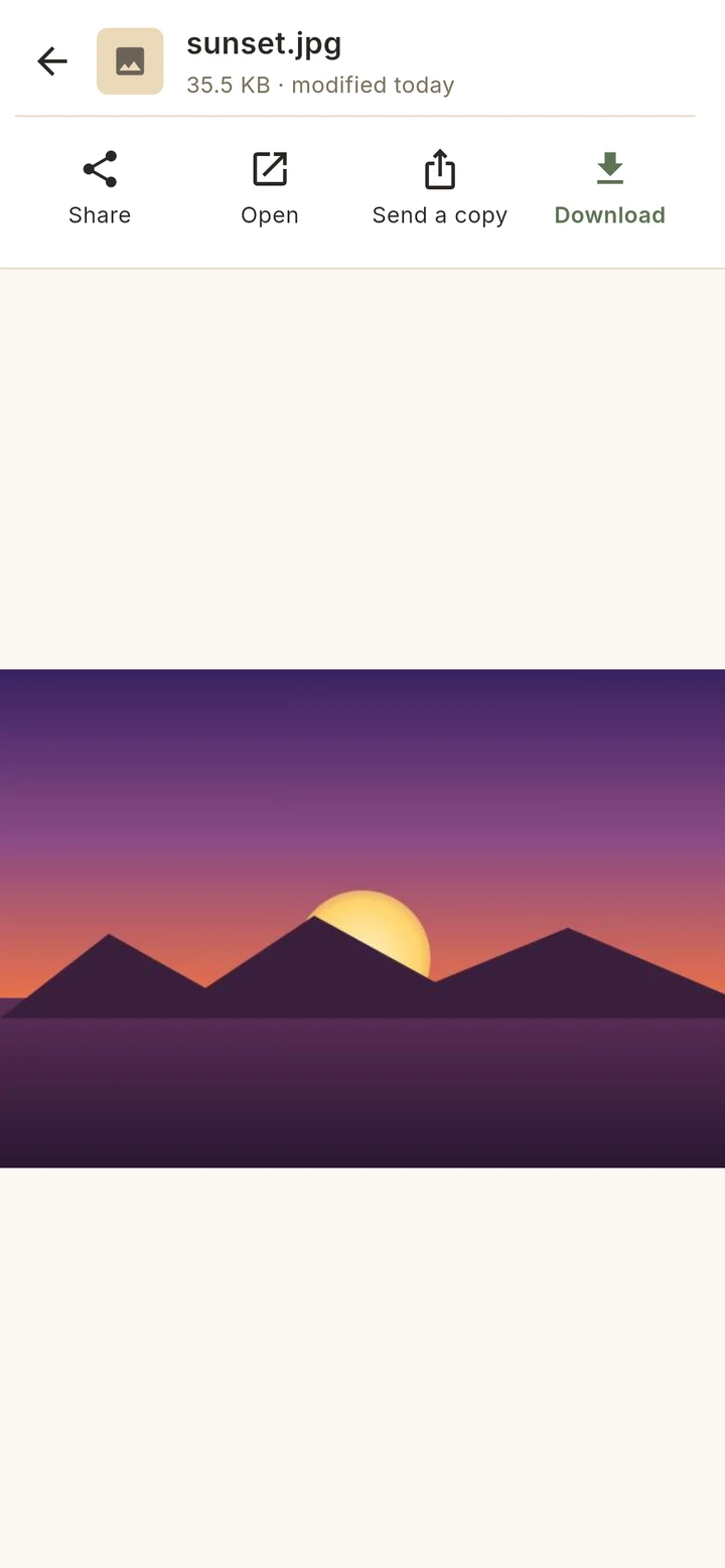 A photo opened full-screen in the Mive phone app, served live from the PC.