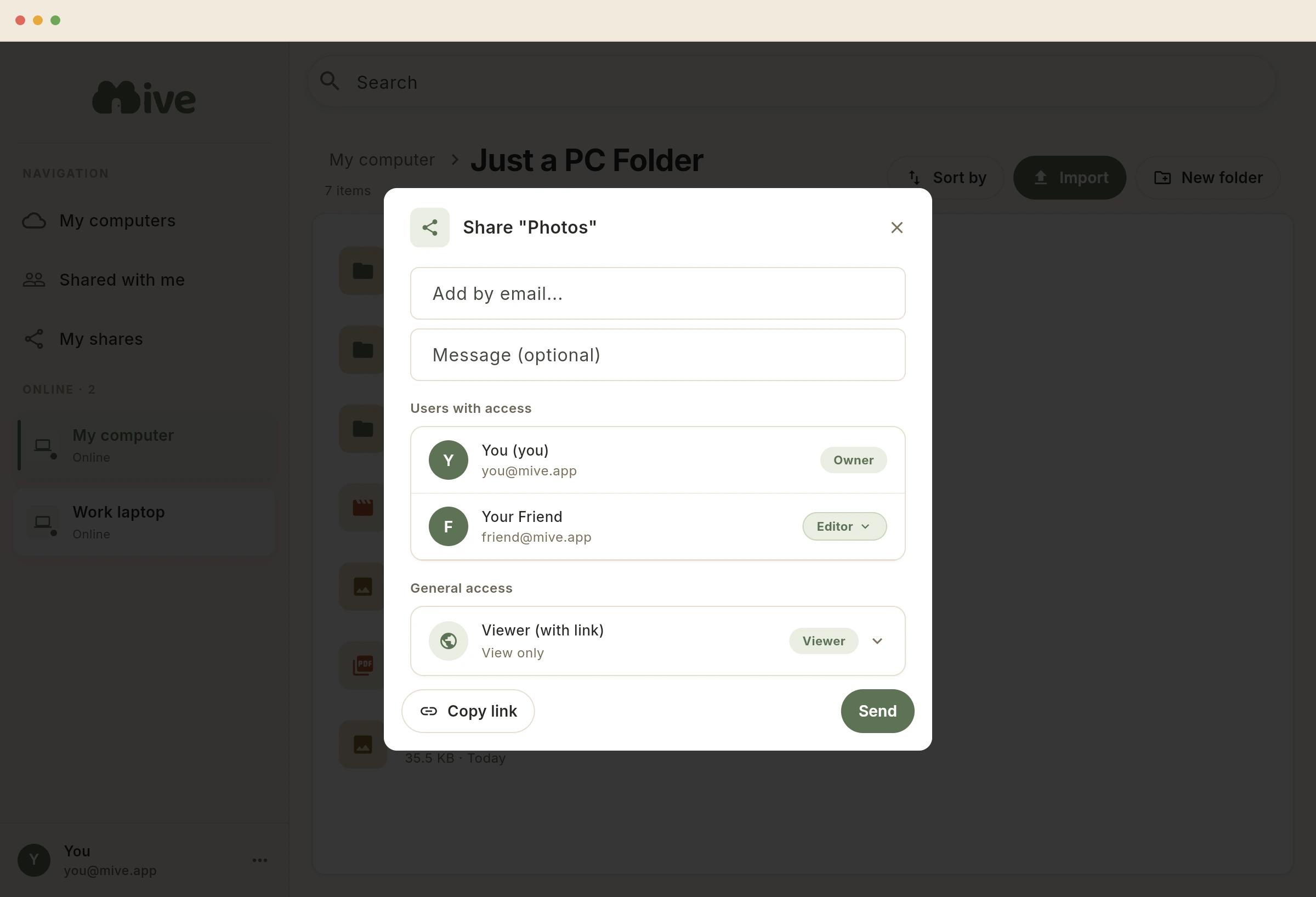 The Mive share dialog for the Photos folder: Your Friend added as Editor, and General access set to anyone with the link as Viewer, with a Copy link button.