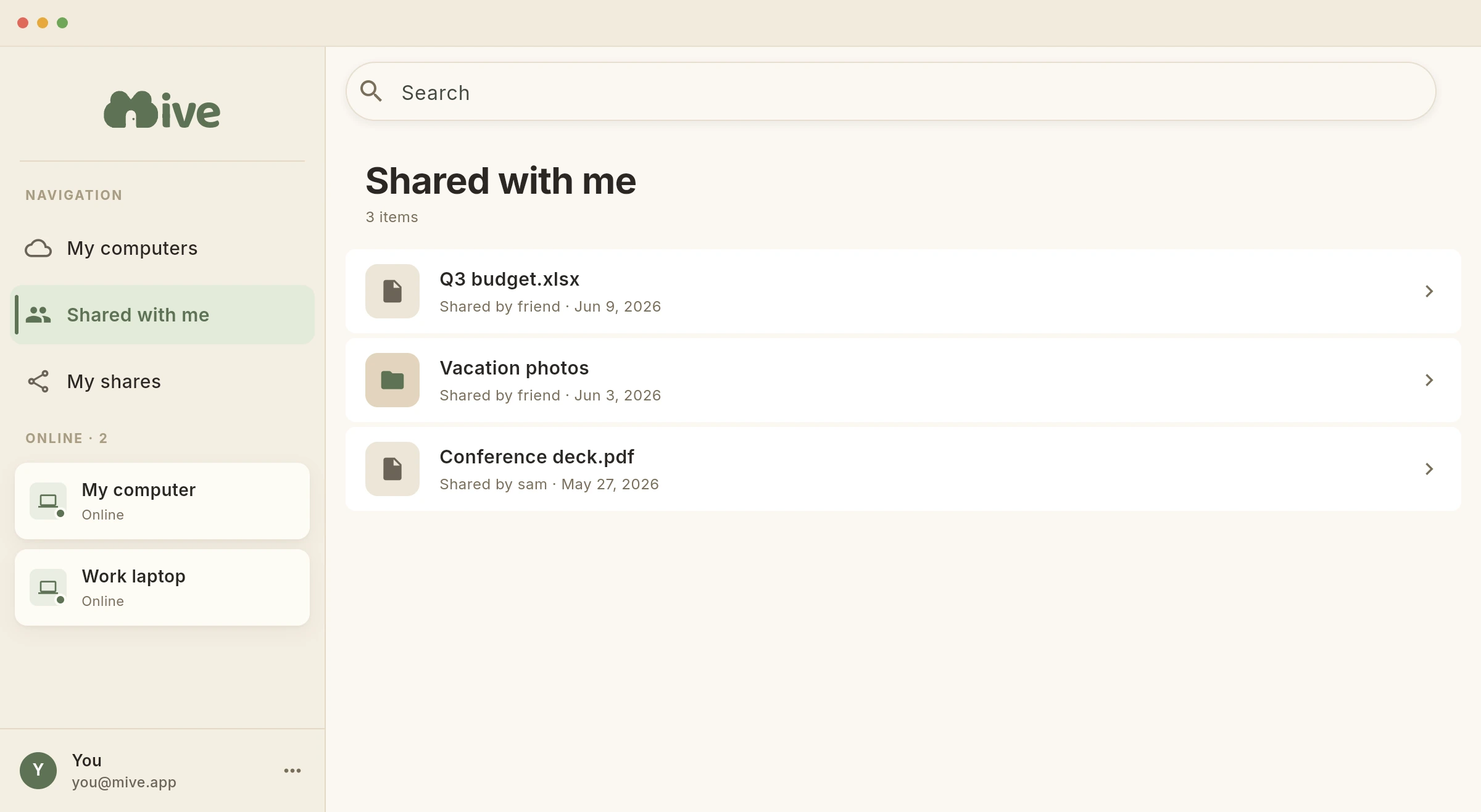 The Mive app from a recipient who has an account, showing items under Shared with me.