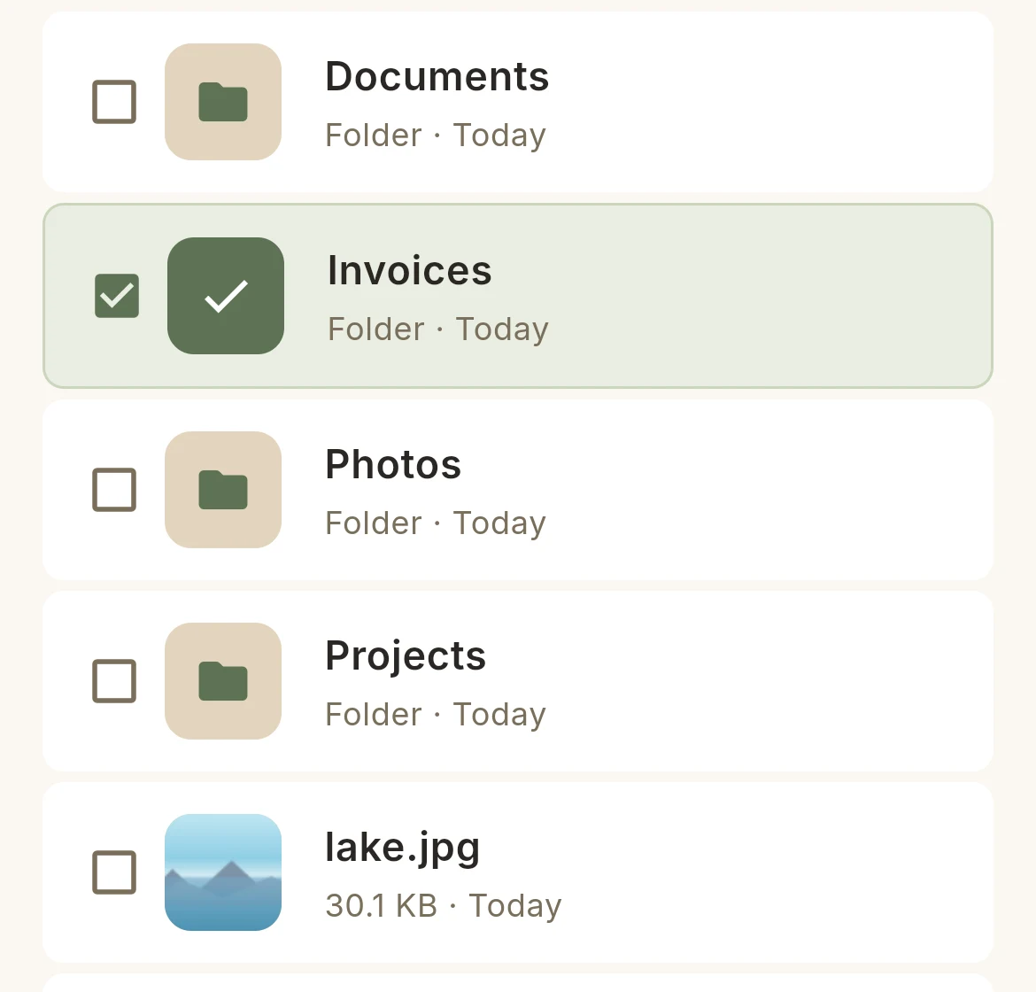 The folder in a browser, the Invoices folder selected