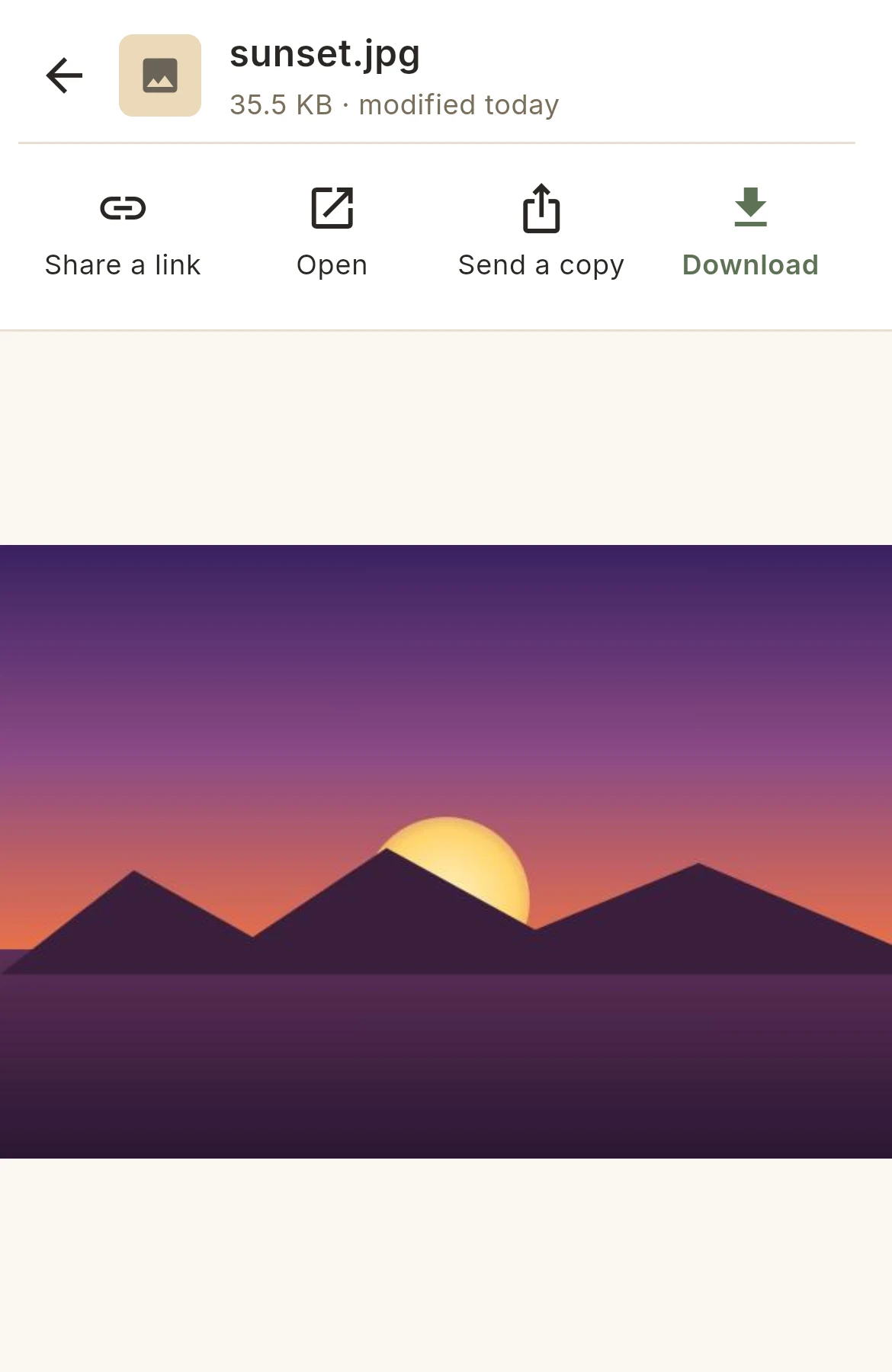 A photo opened full screen in the Mive app, with Share, Open, Send a copy and Download