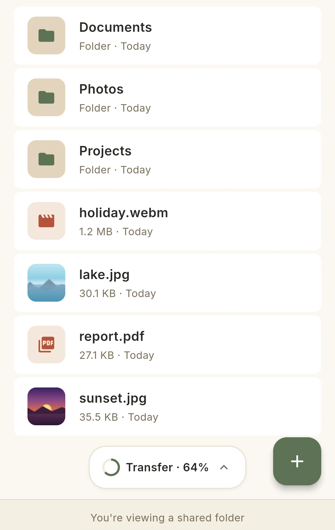 A shared folder open in a phone browser, one file downloading