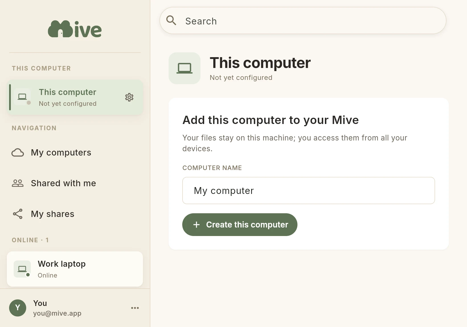 The Mive app on a PC, on the Add this computer screen