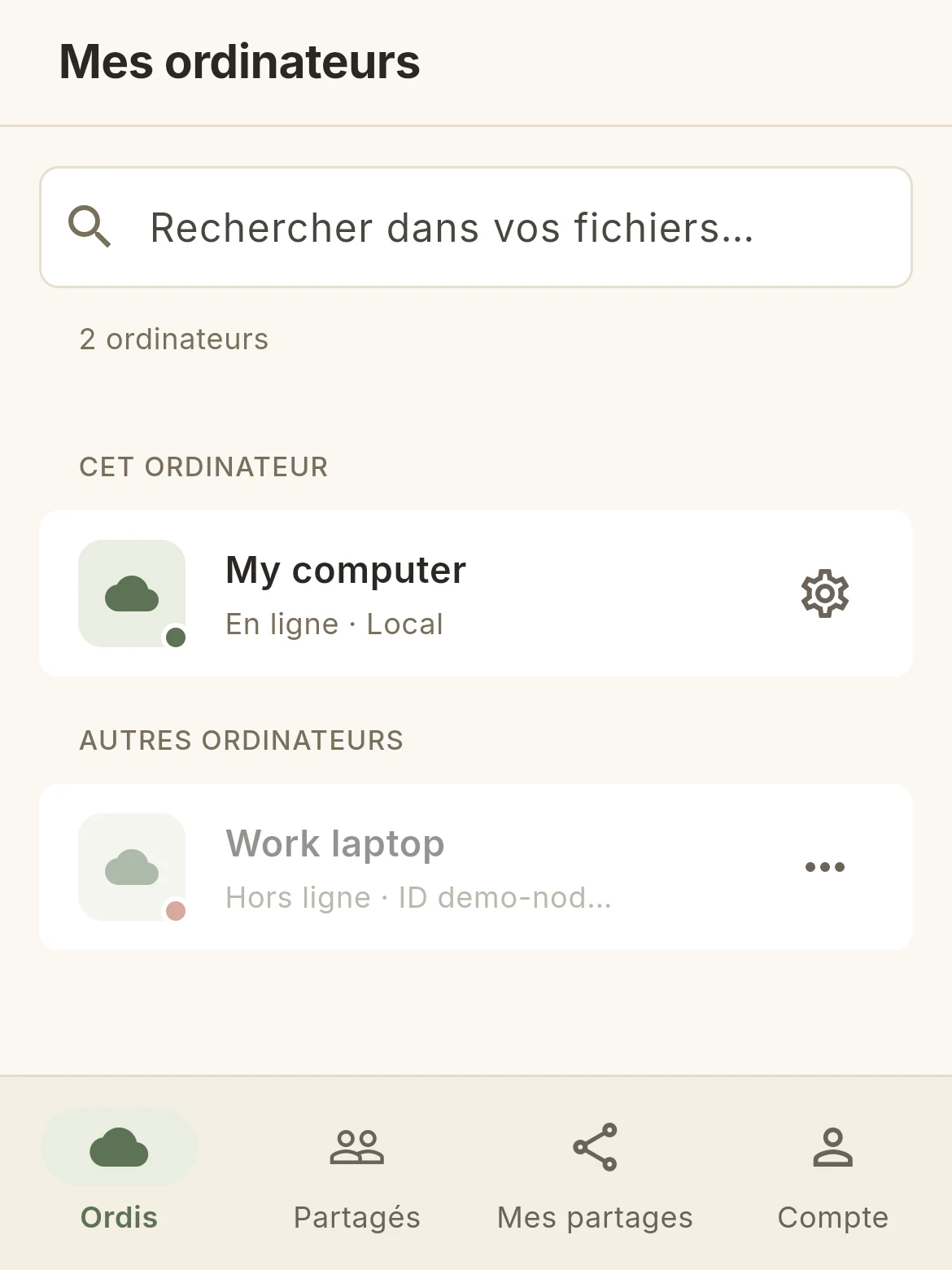 La liste des ordinateurs : celui-ci en ligne, le portable de travail hors ligne