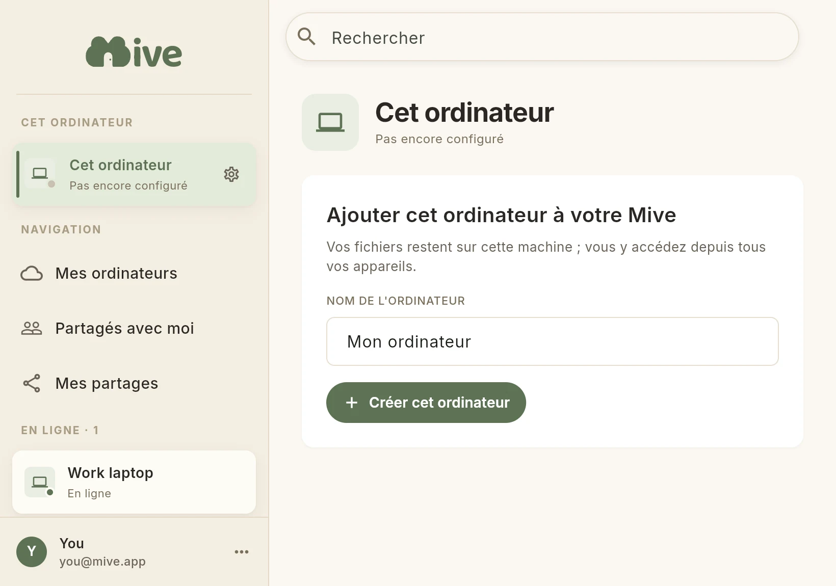 L’application Mive sur un PC, à l’écran « Ajouter cet ordinateur »