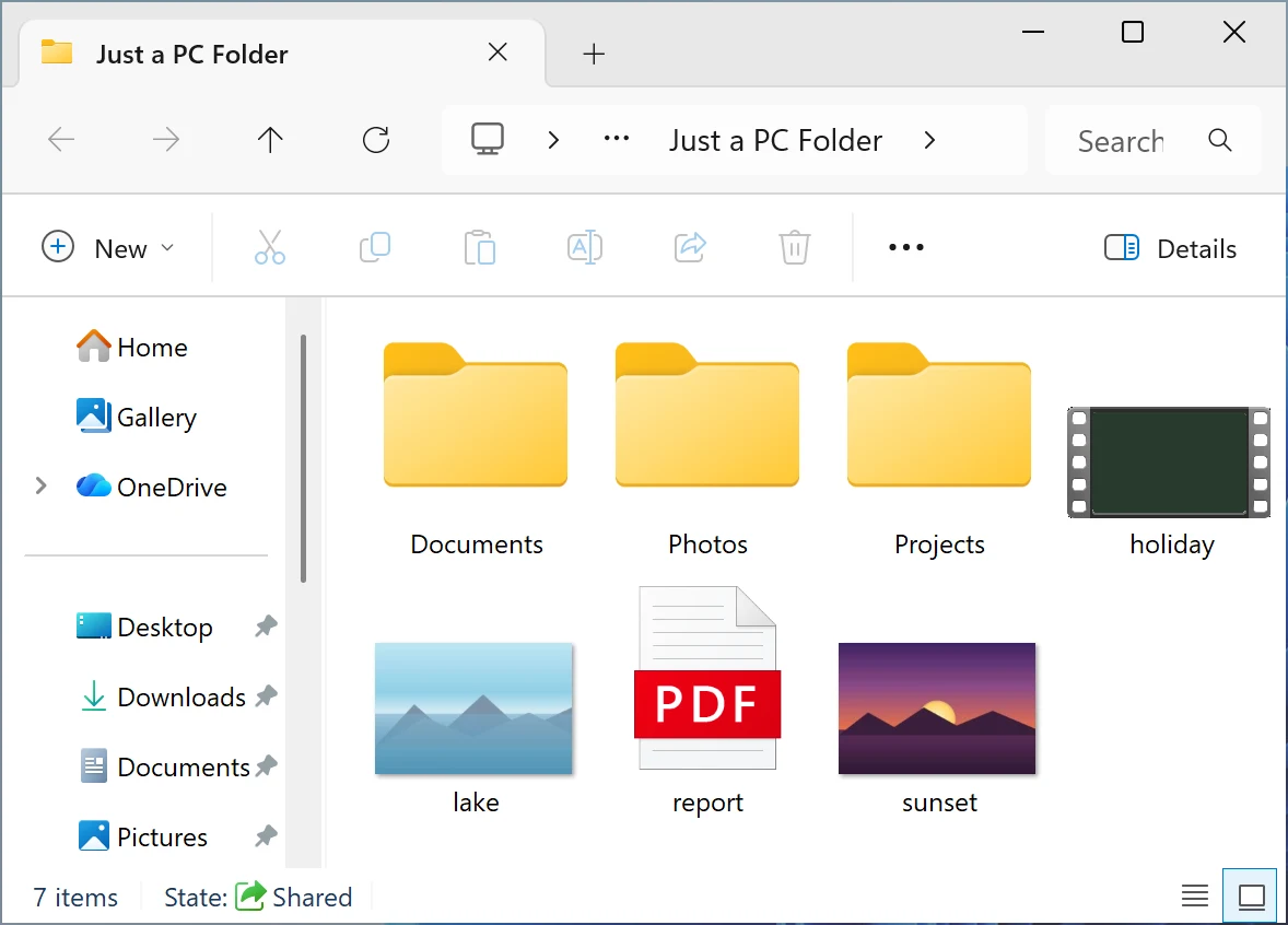 La fenêtre « Just a PC Folder » dans l’Explorateur Windows, avec ses dossiers et ses fichiers