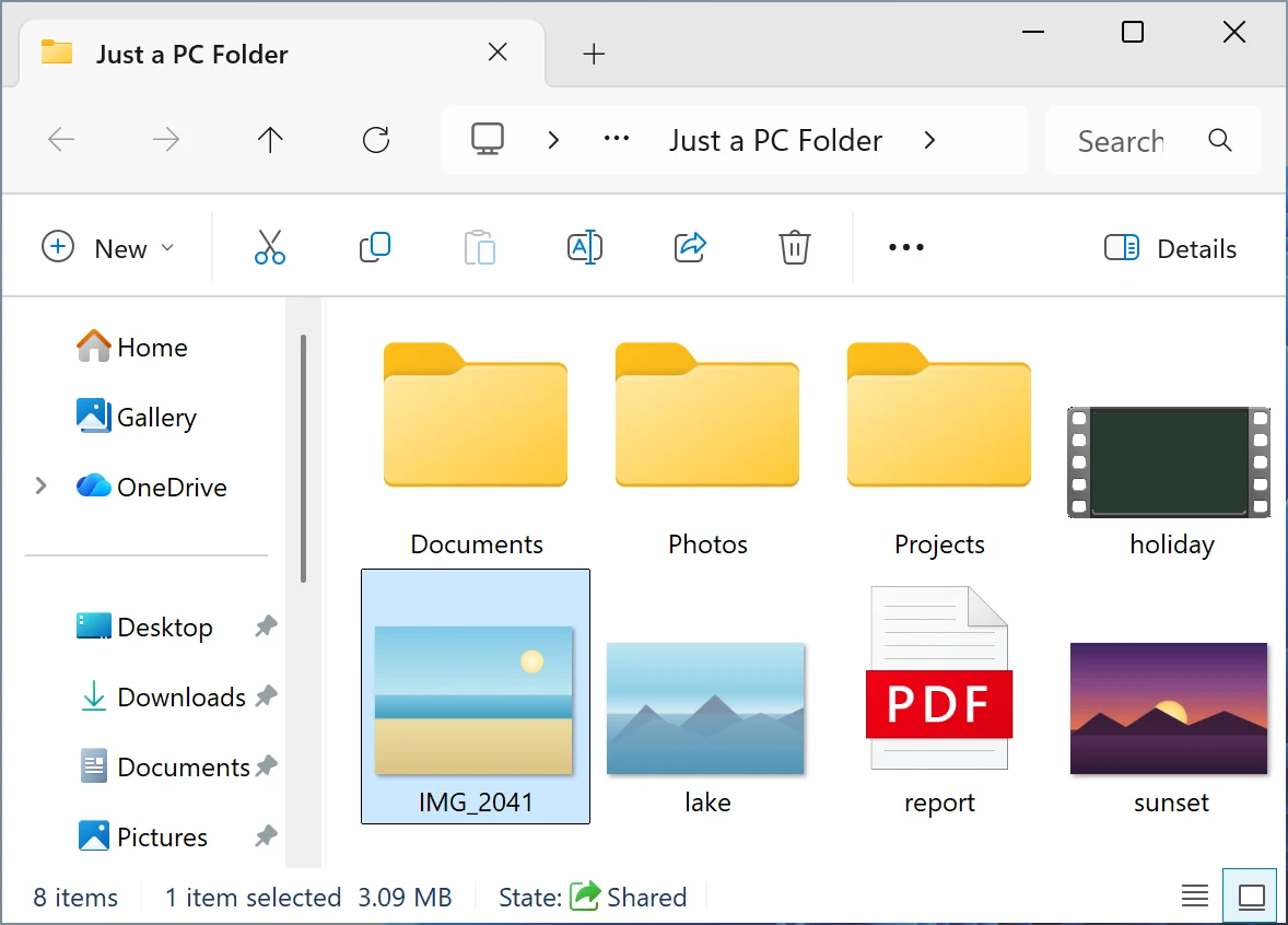 Le même dossier Windows, IMG_2041.jpg maintenant dedans et sélectionné